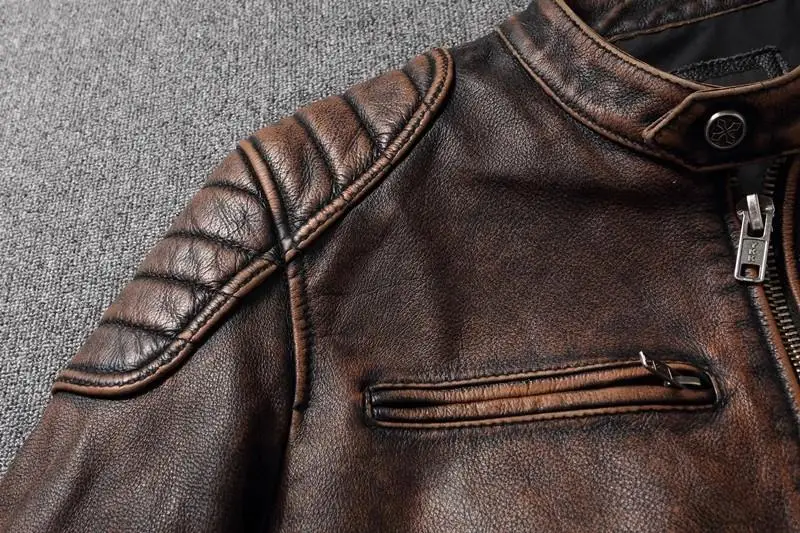 Vintage Black Brown Real Cowhide Genuine Leather Jacket Real Fur Men's Leather Jacket Men Leather Jacket Motorcycle Coat