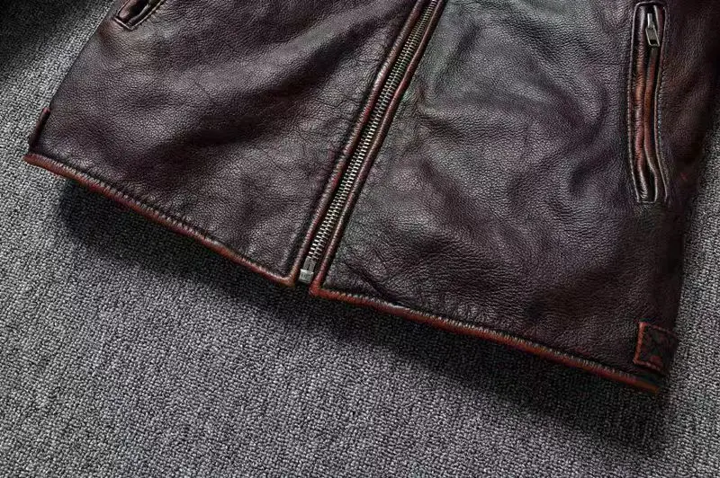 Vintage Black Brown Real Cowhide Genuine Leather Jacket Real Fur Men's Leather Jacket Men Leather Jacket Motorcycle Coat