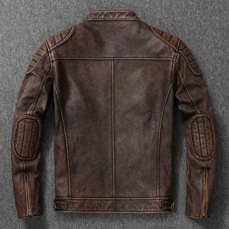 Vintage Black Brown Real Cowhide Genuine Leather Jacket Real Fur Men's Leather Jacket Men Leather Jacket Motorcycle Coat