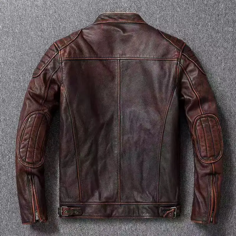 Vintage Black Brown Real Cowhide Genuine Leather Jacket Real Fur Men's Leather Jacket Men Leather Jacket Motorcycle Coat