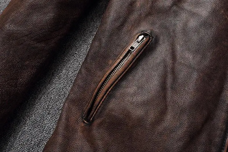 Vintage Black Brown Real Cowhide Genuine Leather Jacket Real Fur Men's Leather Jacket Men Leather Jacket Motorcycle Coat