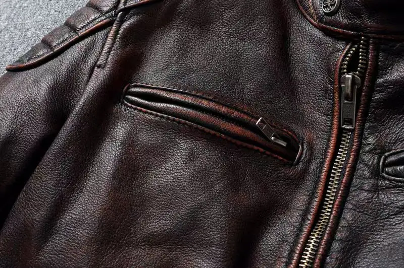 Vintage Black Brown Real Cowhide Genuine Leather Jacket Real Fur Men's Leather Jacket Men Leather Jacket Motorcycle Coat