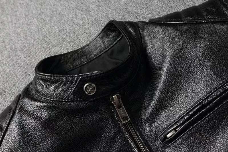 Vintage Black Brown Real Cowhide Genuine Leather Jacket Real Fur Men's Leather Jacket Men Leather Jacket Motorcycle Coat