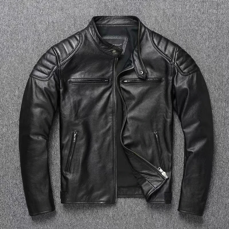 Vintage Black Brown Real Cowhide Genuine Leather Jacket Real Fur Men's Leather Jacket Men Leather Jacket Motorcycle Coat
