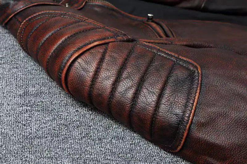 Vintage Black Brown Real Cowhide Genuine Leather Jacket Real Fur Men's Leather Jacket Men Leather Jacket Motorcycle Coat