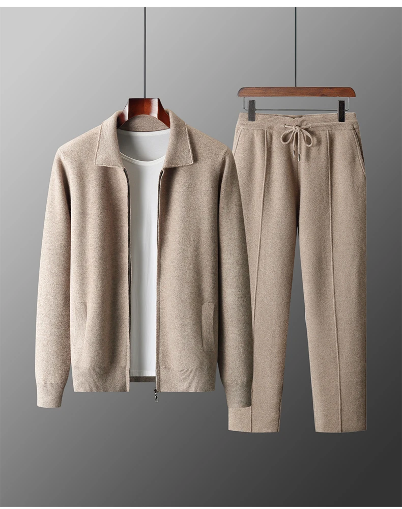 MVLYFLRT Men's 100% Merino Wool Two-Piece Suit Zipper Cardigan And Elastic Waist Pants Casual Warm Autumn Winter Clothing Set...