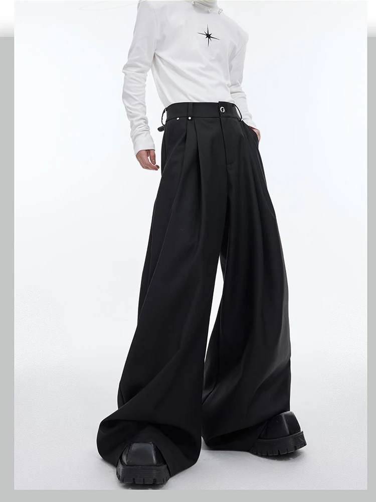 Mauroicardi Spring Autumn Long Loose Casual Black Flowy Soft Pleated Baggy Wide Leg Pants Men with High Waist Korean Fashion2024