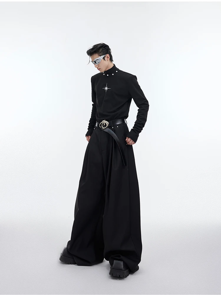 Mauroicardi Spring Autumn Long Loose Casual Black Flowy Soft Pleated Baggy Wide Leg Pants Men with High Waist Korean Fashion2024