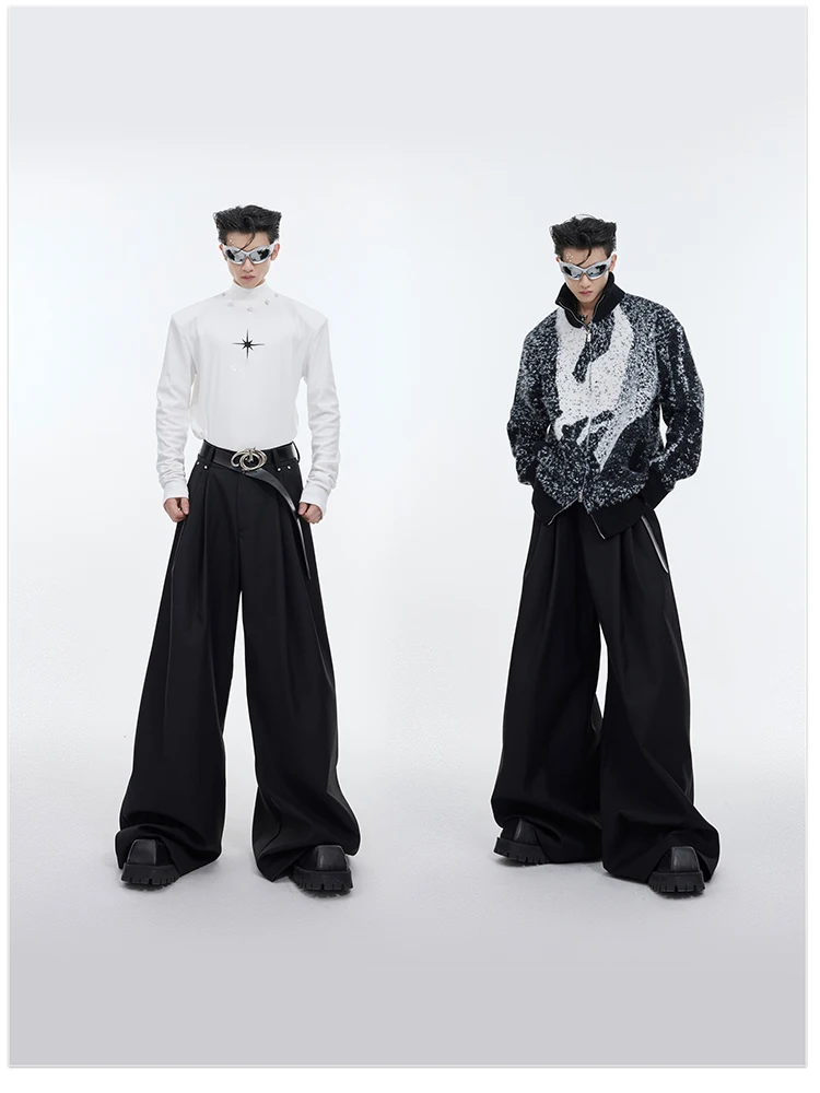 Mauroicardi Spring Autumn Long Loose Casual Black Flowy Soft Pleated Baggy Wide Leg Pants Men with High Waist Korean Fashion2024