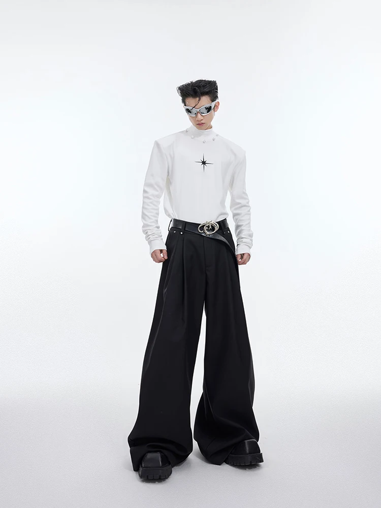 Mauroicardi Spring Autumn Long Loose Casual Black Flowy Soft Pleated Baggy Wide Leg Pants Men with High Waist Korean Fashion2024