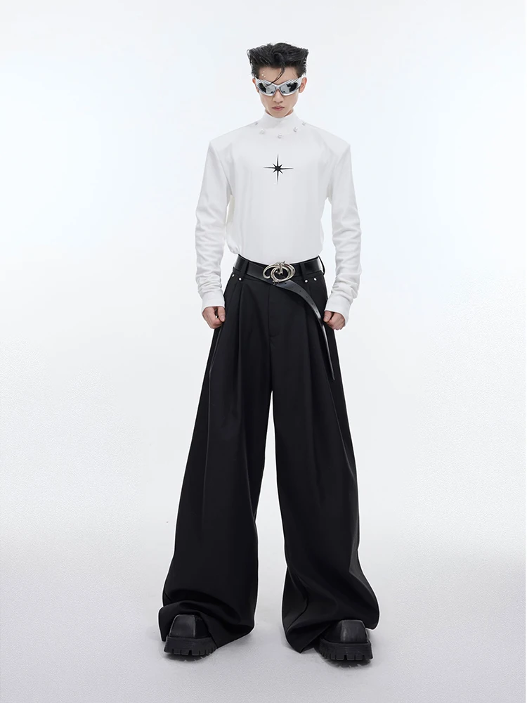 Mauroicardi Spring Autumn Long Loose Casual Black Flowy Soft Pleated Baggy Wide Leg Pants Men with High Waist Korean Fashion2024