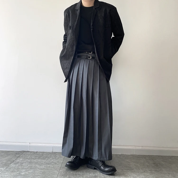 Double Belt Pleated Skirt for Men and Women Japan Harajuku Streetwear Dark Black Skirt Pants Net Celebrity Skirt Stage Clothing