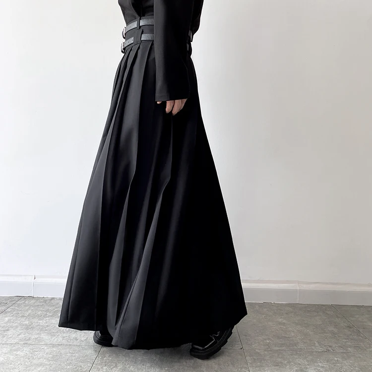 Double Belt Pleated Skirt for Men and Women Japan Harajuku Streetwear Dark Black Skirt Pants Net Celebrity Skirt Stage Clothing