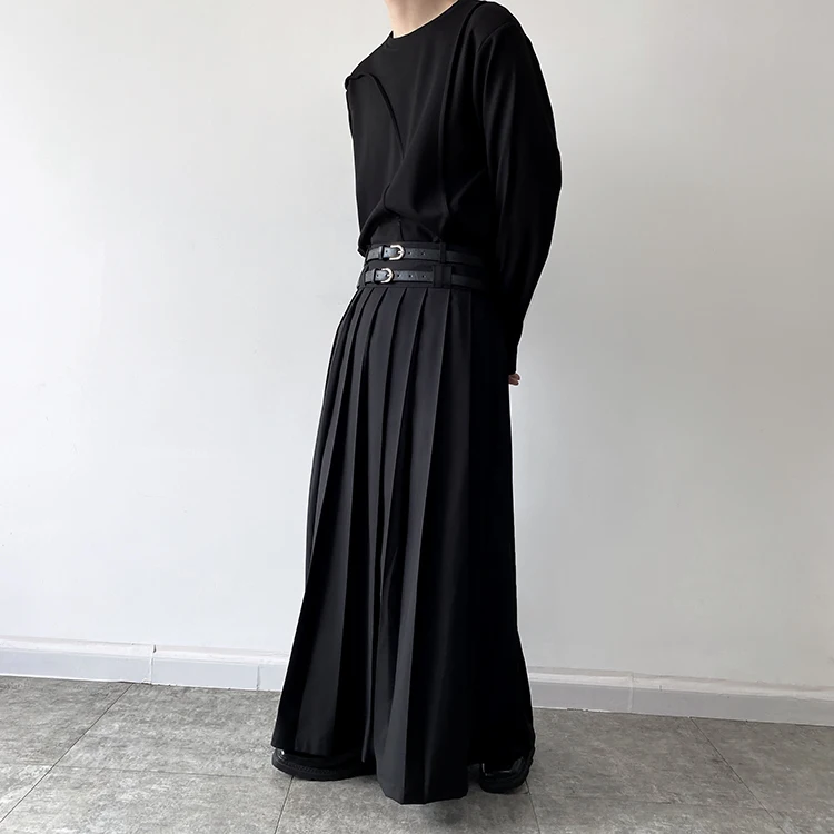 Double Belt Pleated Skirt for Men and Women Japan Harajuku Streetwear Dark Black Skirt Pants Net Celebrity Skirt Stage Clothing
