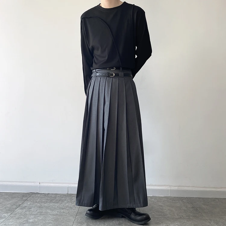 Double Belt Pleated Skirt for Men and Women Japan Harajuku Streetwear Dark Black Skirt Pants Net Celebrity Skirt Stage Clothing