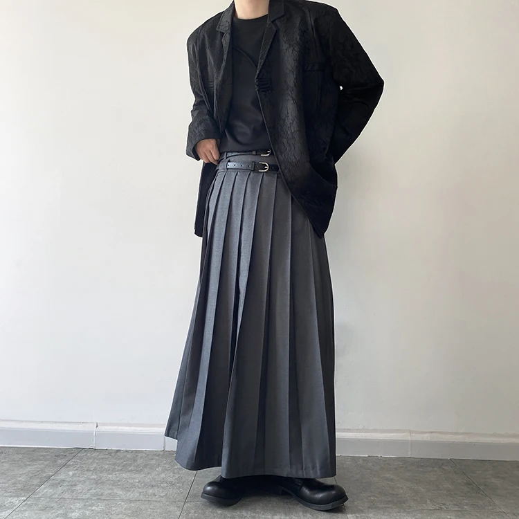 Double Belt Pleated Skirt for Men and Women Japan Harajuku Streetwear Dark Black Skirt Pants Net Celebrity Skirt Stage Clothing