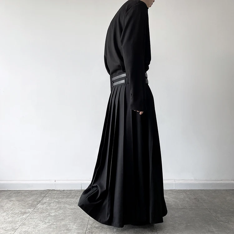 Double Belt Pleated Skirt for Men and Women Japan Harajuku Streetwear Dark Black Skirt Pants Net Celebrity Skirt Stage Clothing