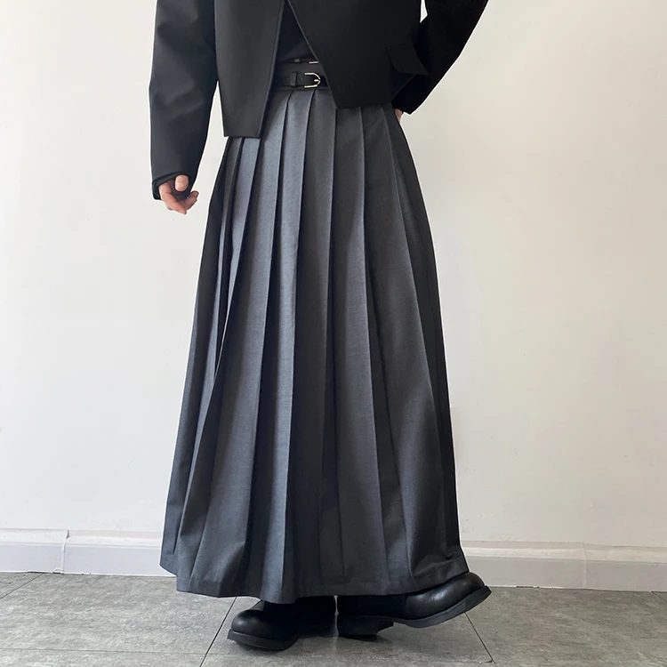 Double Belt Pleated Skirt for Men and Women Japan Harajuku Streetwear Dark Black Skirt Pants Net Celebrity Skirt Stage Clothing