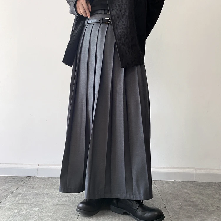 Double Belt Pleated Skirt for Men and Women Japan Harajuku Streetwear Dark Black Skirt Pants Net Celebrity Skirt Stage Clothing