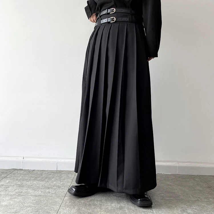 Double Belt Pleated Skirt for Men and Women Japan Harajuku Streetwear Dark Black Skirt Pants Net Celebrity Skirt Stage Clothing