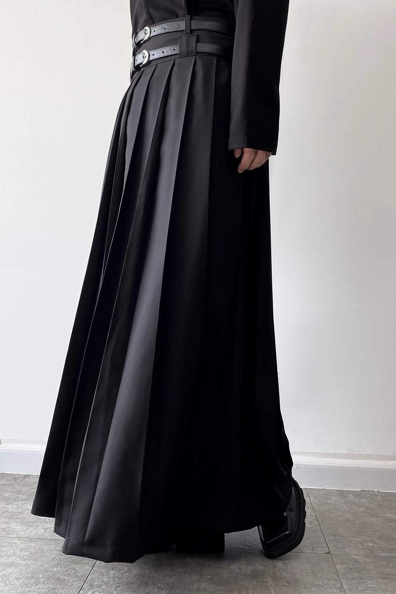 Double Belt Pleated Skirt for Men and Women Japan Harajuku Streetwear Dark Black Skirt Pants Net Celebrity Skirt Stage Clothing