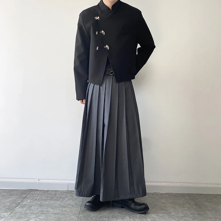 Double Belt Pleated Skirt for Men and Women Japan Harajuku Streetwear Dark Black Skirt Pants Net Celebrity Skirt Stage Clothing