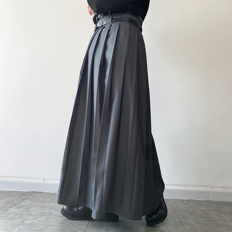 Double Belt Pleated Skirt for Men and Women Japan Harajuku Streetwear Dark Black Skirt Pants Net Celebrity Skirt Stage Clothing