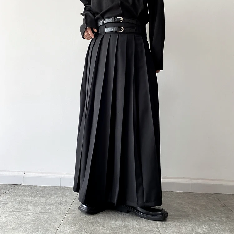 Double Belt Pleated Skirt for Men and Women Japan Harajuku Streetwear Dark Black Skirt Pants Net Celebrity Skirt Stage Clothing