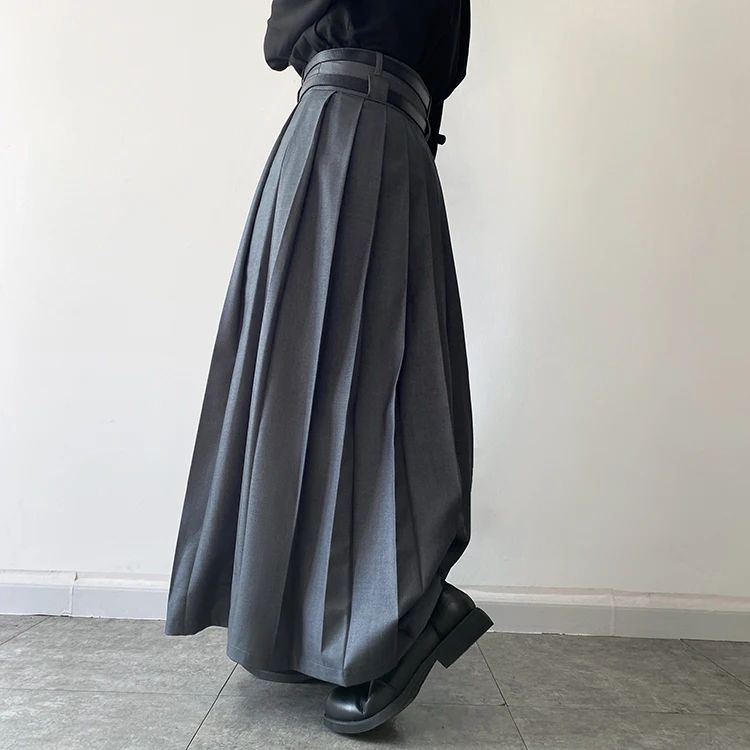 Double Belt Pleated Skirt for Men and Women Japan Harajuku Streetwear Dark Black Skirt Pants Net Celebrity Skirt Stage Clothing