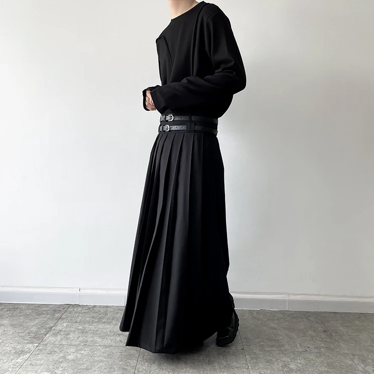 Double Belt Pleated Skirt for Men and Women Japan Harajuku Streetwear Dark Black Skirt Pants Net Celebrity Skirt Stage Clothing