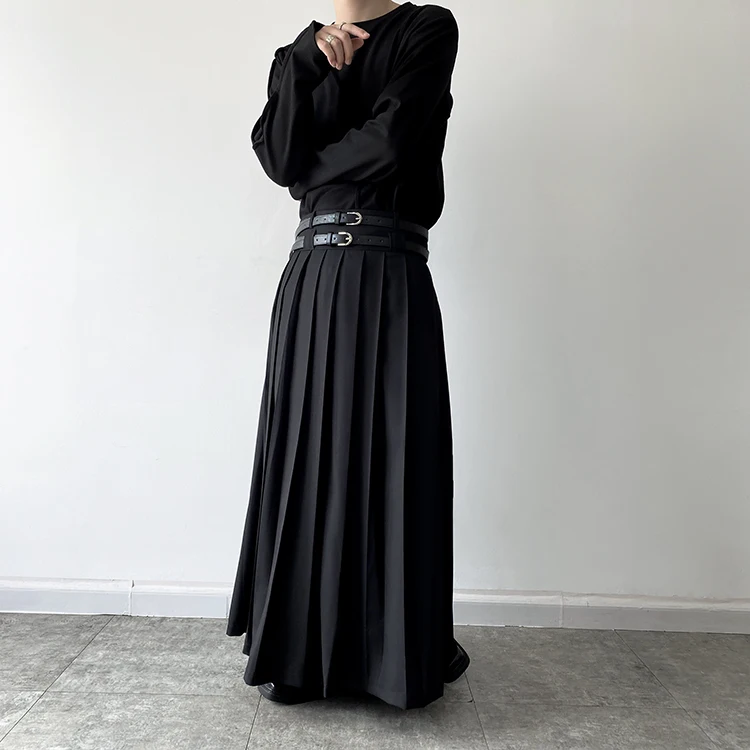 Double Belt Pleated Skirt for Men and Women Japan Harajuku Streetwear Dark Black Skirt Pants Net Celebrity Skirt Stage Clothing