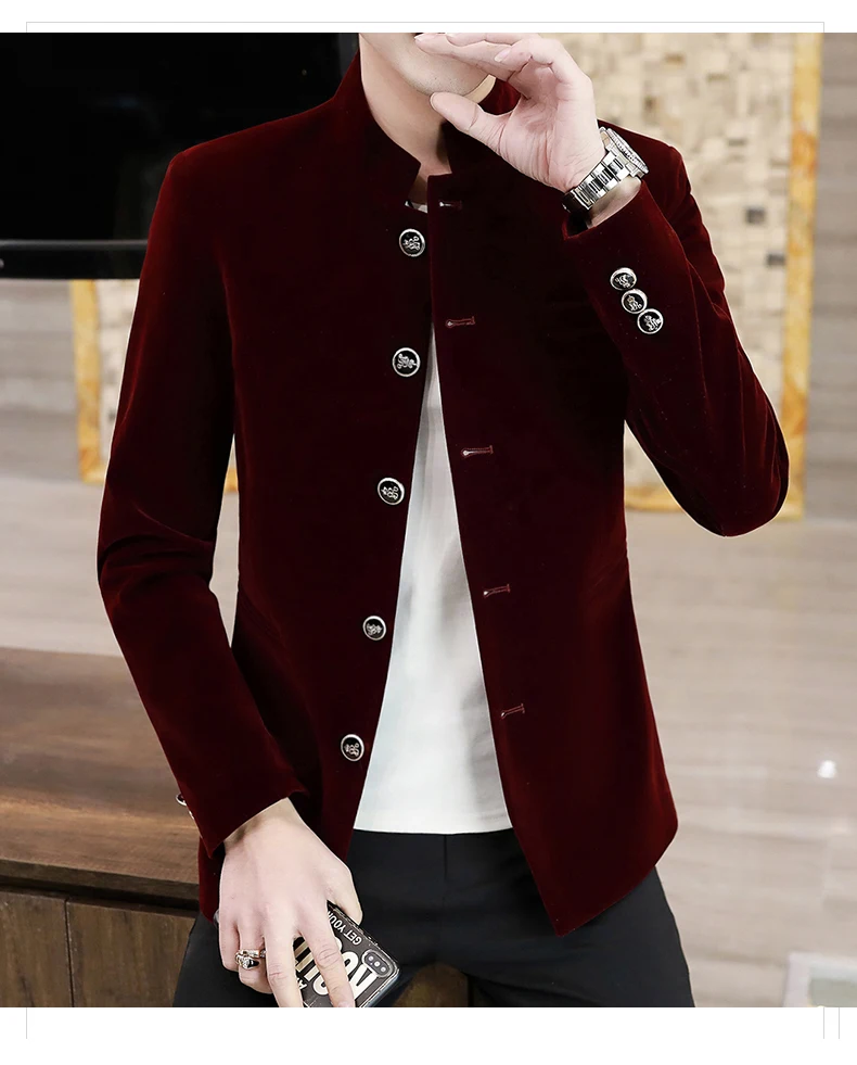 Men's Light Luxury Golden Velvet Coat Youth Fashion Trend Solid Color Stand Collar MAO Suit Handsome Boutique Item