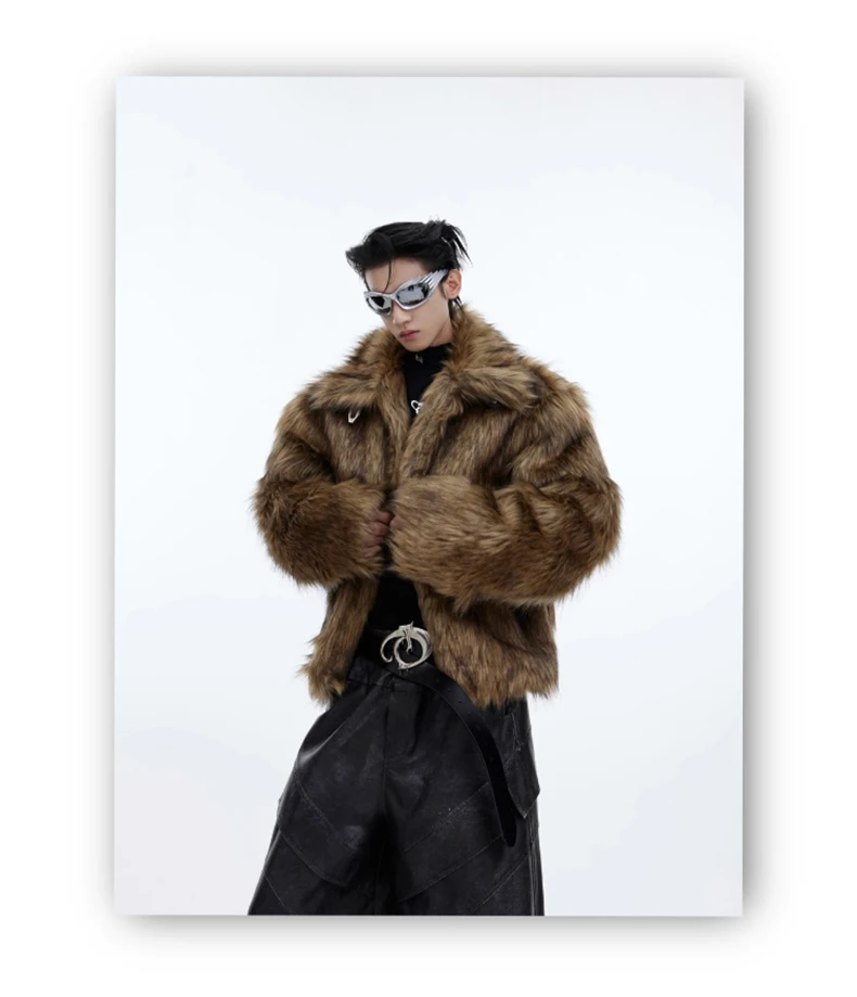 Mauroicardi Winter Short Thick Warm Brown Hairy Soft Faux Fur Coat Men with Turn-down Collar Long Sleeve Fluffy Jackets 2024