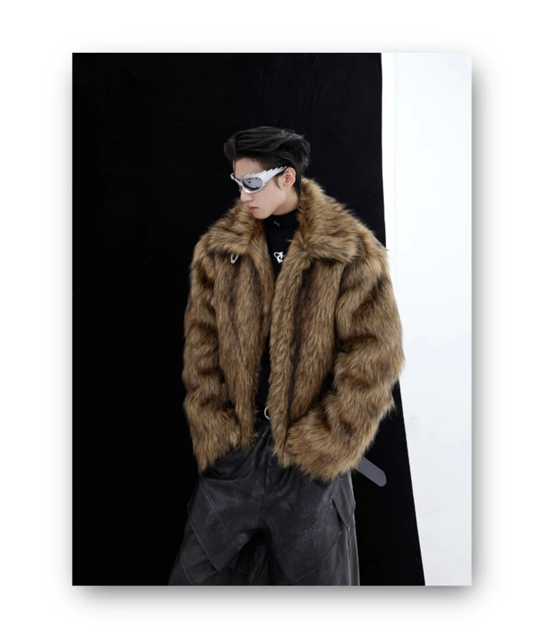 Mauroicardi Winter Short Thick Warm Brown Hairy Soft Faux Fur Coat Men with Turn-down Collar Long Sleeve Fluffy Jackets 2024