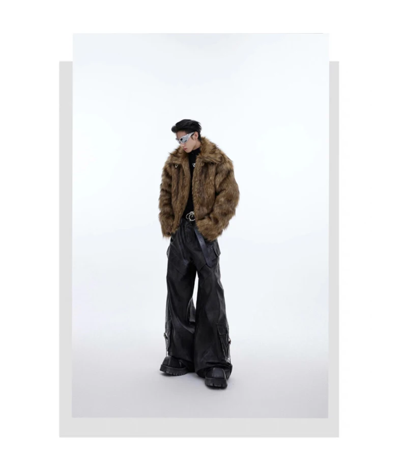 Mauroicardi Winter Short Thick Warm Brown Hairy Soft Faux Fur Coat Men with Turn-down Collar Long Sleeve Fluffy Jackets 2024
