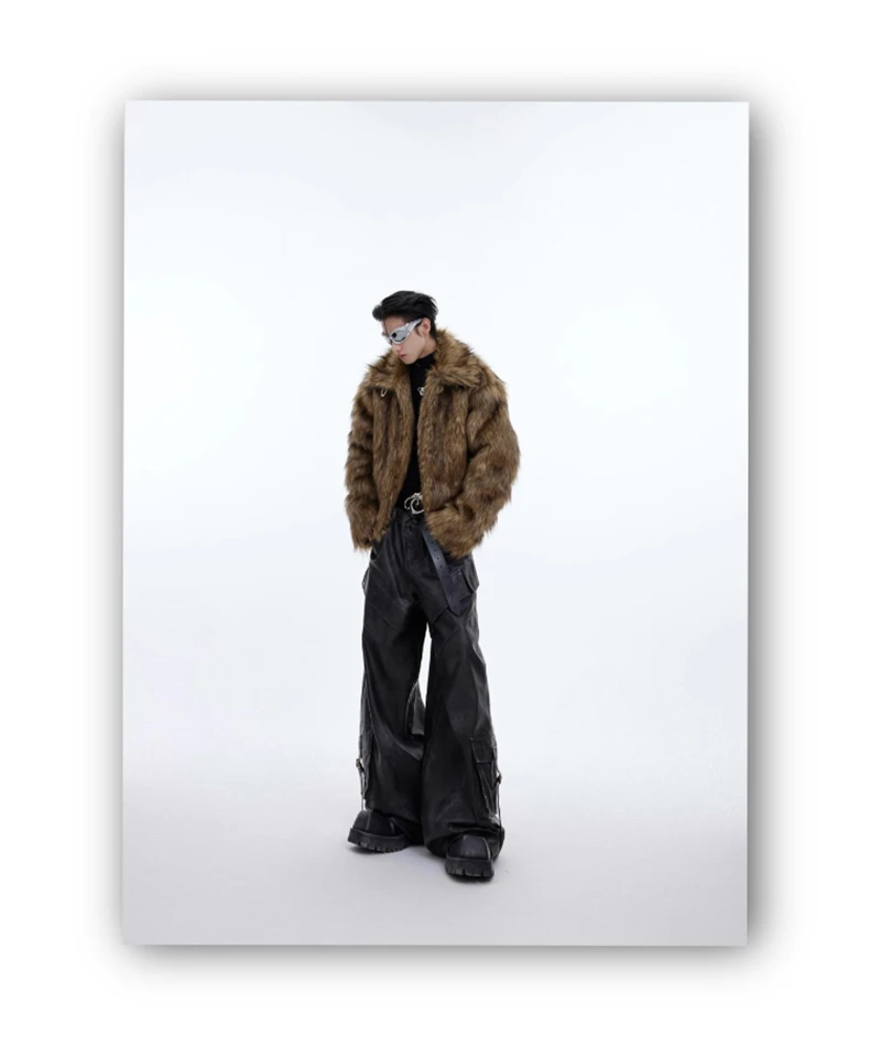 Mauroicardi Winter Short Thick Warm Brown Hairy Soft Faux Fur Coat Men with Turn-down Collar Long Sleeve Fluffy Jackets 2024