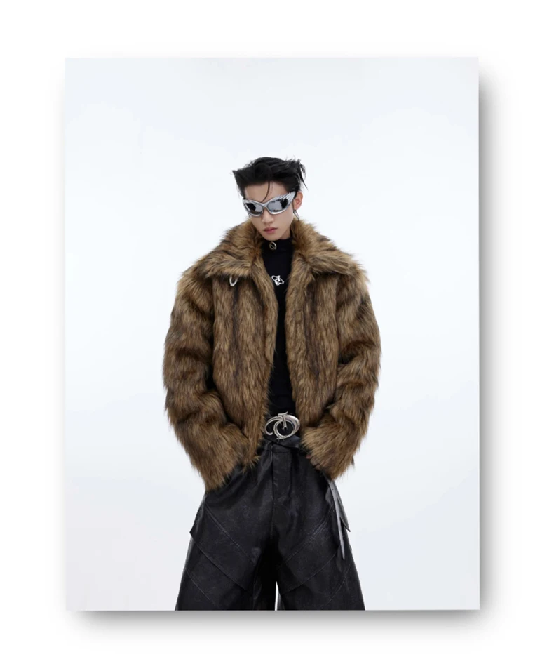 Mauroicardi Winter Short Thick Warm Brown Hairy Soft Faux Fur Coat Men with Turn-down Collar Long Sleeve Fluffy Jackets 2024