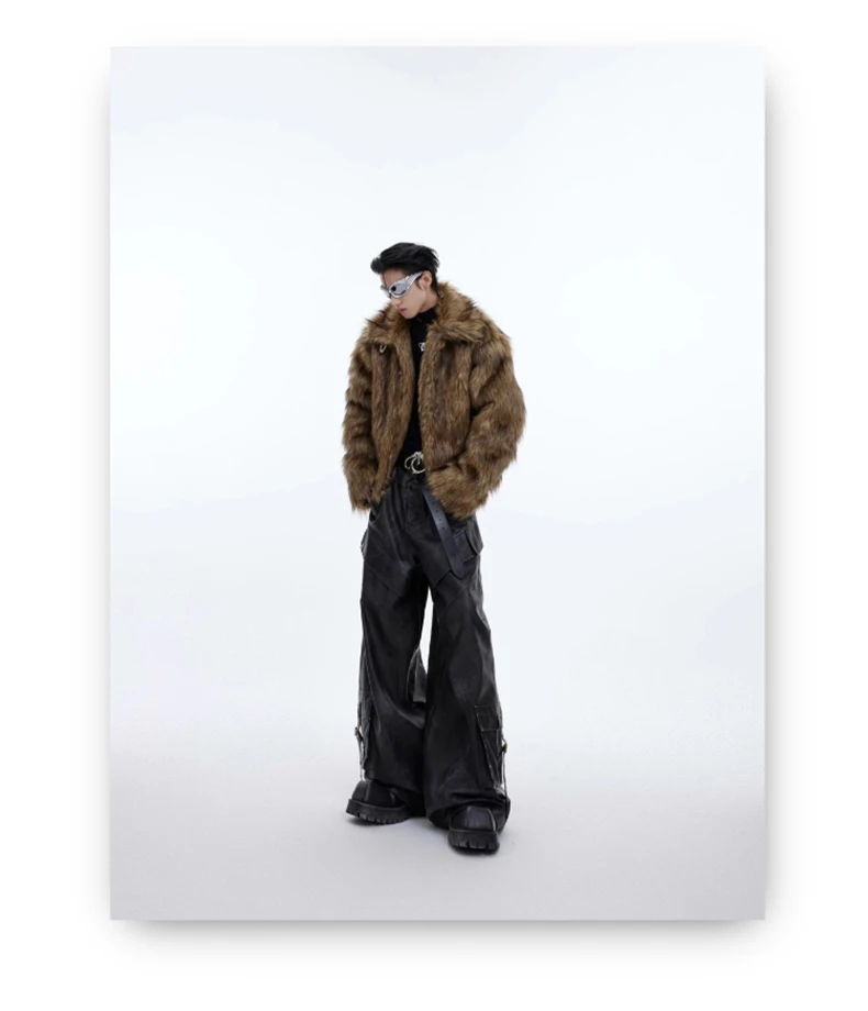 Mauroicardi Winter Short Thick Warm Brown Hairy Soft Faux Fur Coat Men with Turn-down Collar Long Sleeve Fluffy Jackets 2024