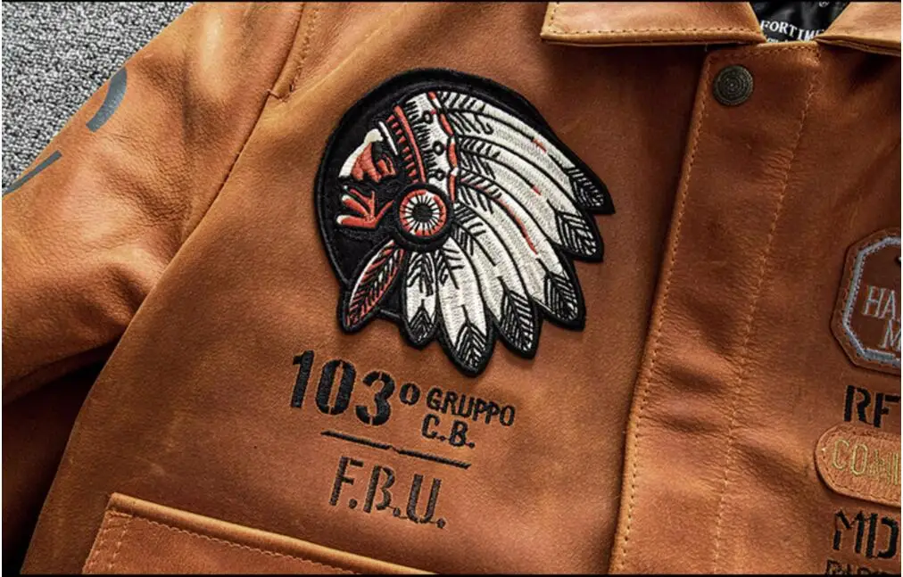 Orange Winter Pilot Leather Jacket Men Military Style Plus Size 5XL Genuine Natural Thick Cowhide Flight Leather Coat