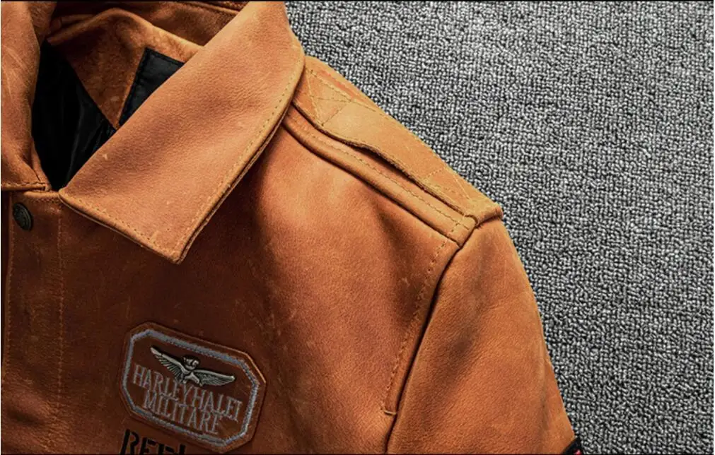 Orange Winter Pilot Leather Jacket Men Military Style Plus Size 5XL Genuine Natural Thick Cowhide Flight Leather Coat