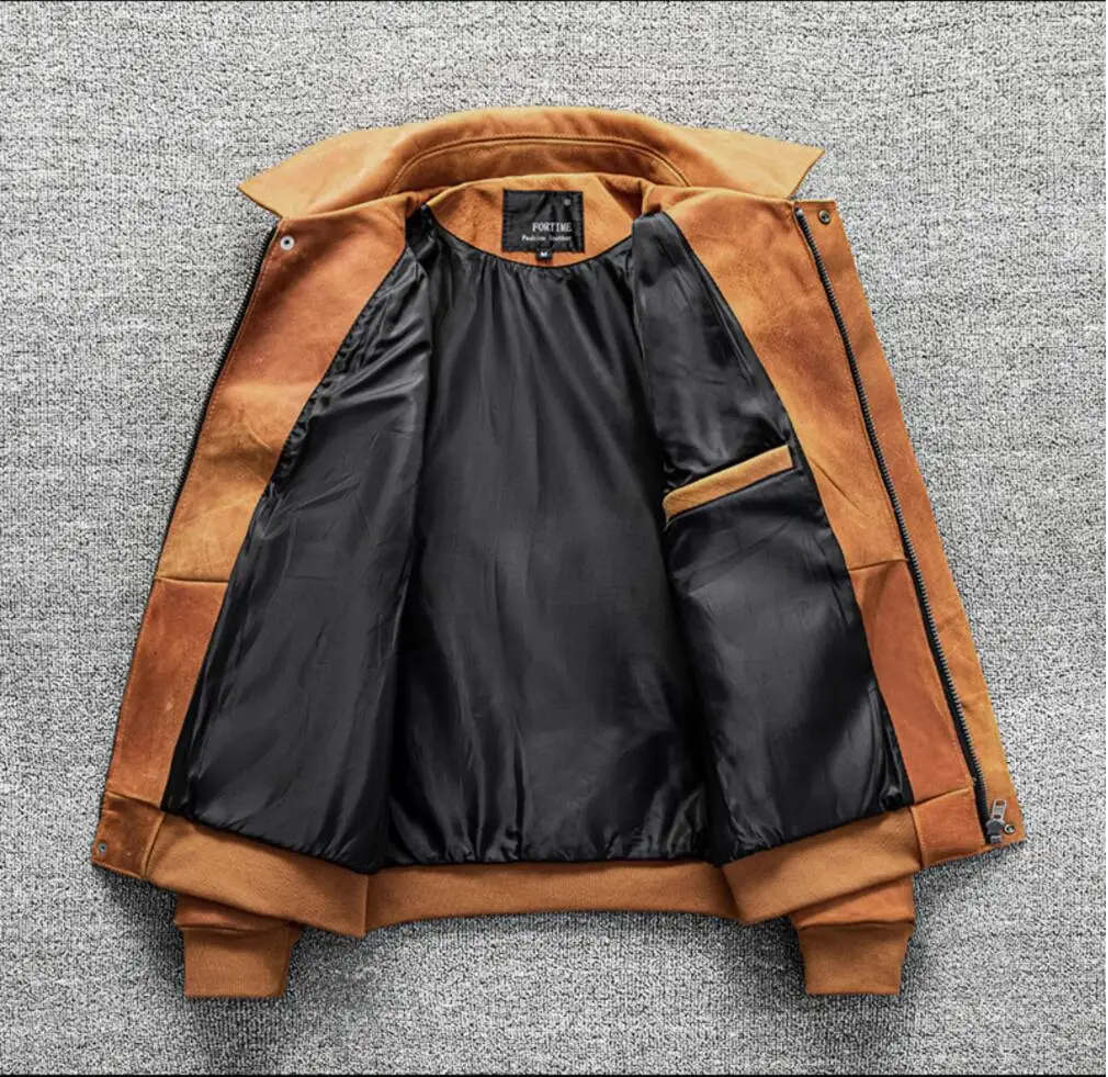 Orange Winter Pilot Leather Jacket Men Military Style Plus Size 5XL Genuine Natural Thick Cowhide Flight Leather Coat