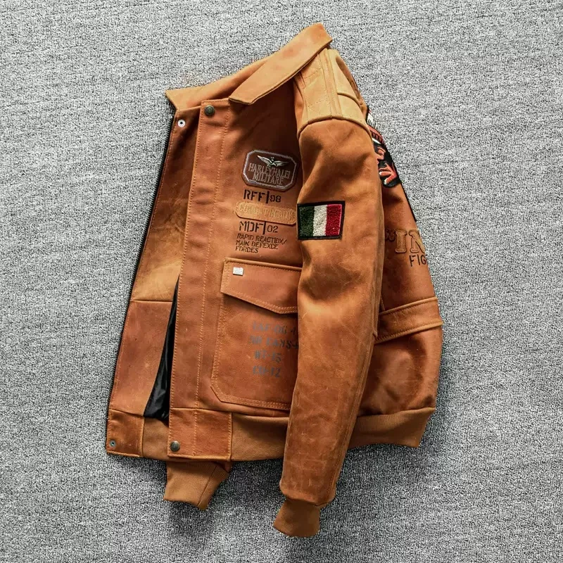 Orange Winter Pilot Leather Jacket Men Military Style Plus Size 5XL Genuine Natural Thick Cowhide Flight Leather Coat