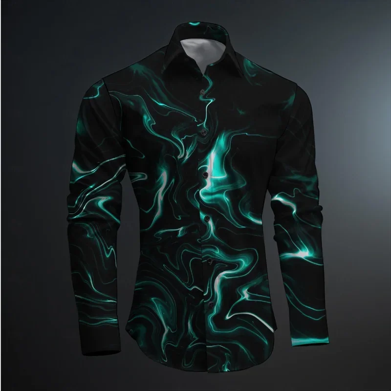 2024 New Geometry 3D Printing Color Block Abstract Fashion Casual Men's Shirt Party Street Spring and Autumn Lapel Long Sleeve