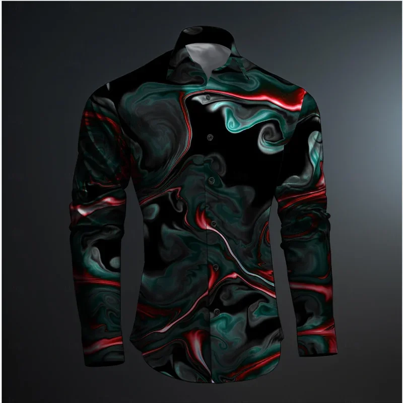 2024 New Geometry 3D Printing Color Block Abstract Fashion Casual Men's Shirt Party Street Spring and Autumn Lapel Long Sleeve