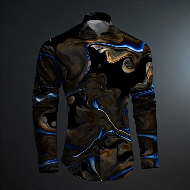 2024 New Geometry 3D Printing Color Block Abstract Fashion Casual Men's Shirt Party Street Spring and Autumn Lapel Long Sleeve
