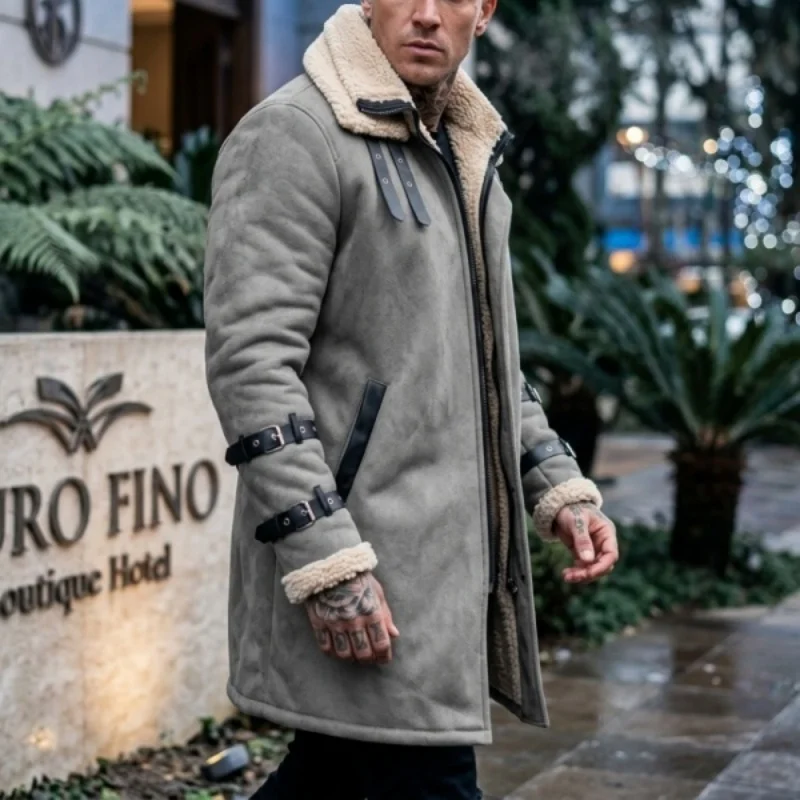 New Winter Windproof Jacket - Mid-length Warm Fleece Coat Double Collar Double-layered Outdoor Warm Coat Street Mens Jacket