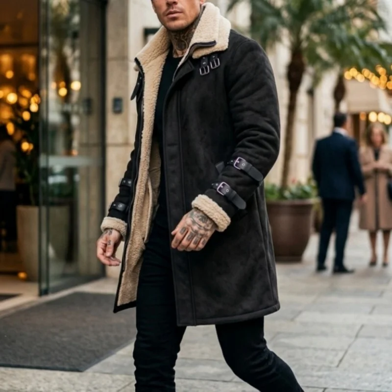 New Winter Windproof Jacket - Mid-length Warm Fleece Coat Double Collar Double-layered Outdoor Warm Coat Street Mens Jacket
