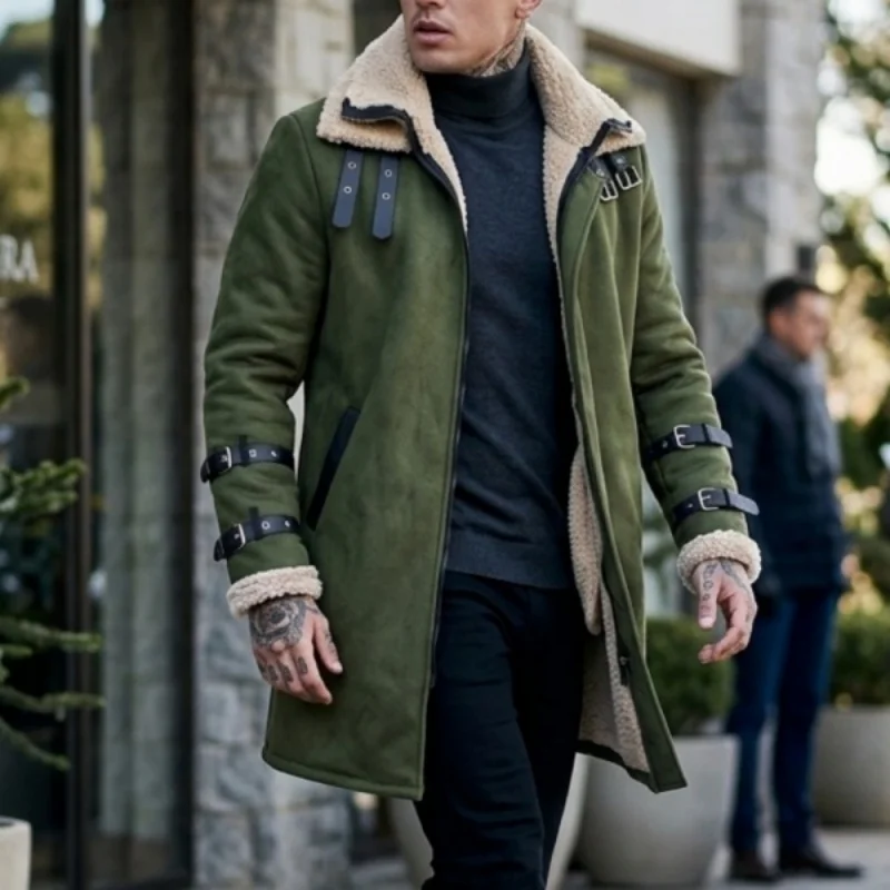 New Winter Windproof Jacket - Mid-length Warm Fleece Coat Double Collar Double-layered Outdoor Warm Coat Street Mens Jacket
