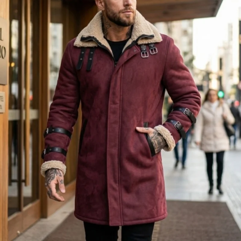 New Winter Windproof Jacket - Mid-length Warm Fleece Coat Double Collar Double-layered Outdoor Warm Coat Street Mens Jacket