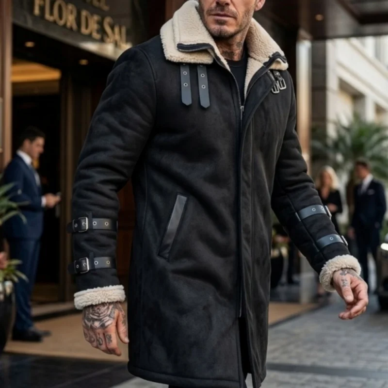 New Winter Windproof Jacket - Mid-length Warm Fleece Coat Double Collar Double-layered Outdoor Warm Coat Street Mens Jacket
